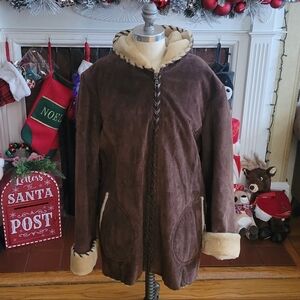 WILSONS LEATHER Vintage Brown Leather Zip Up Hooded Suede Coat Jacket Size Large